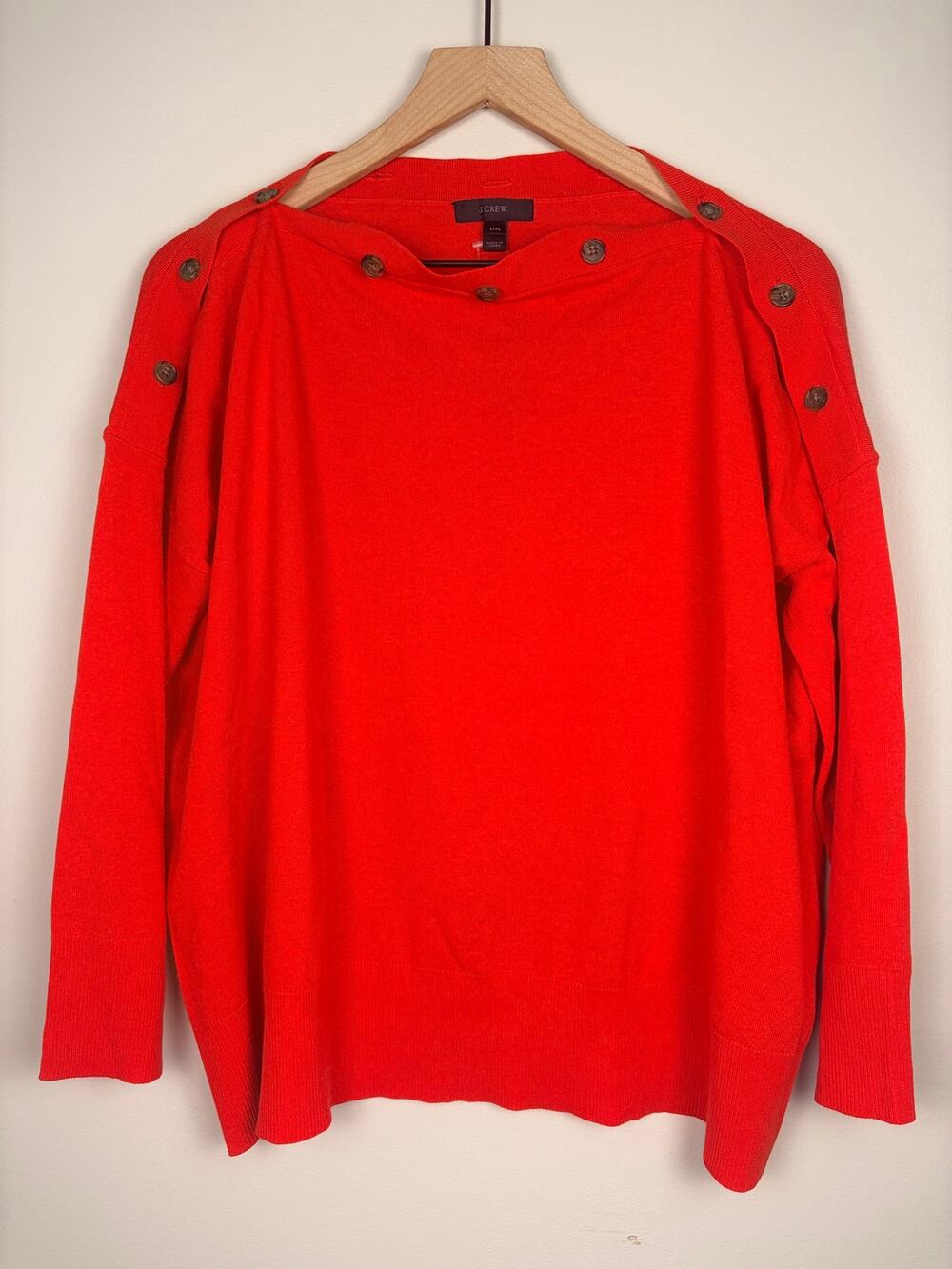 NWT J.Crew Button Shoulder Boatneck Sweater Red L/XL Cotton Blend